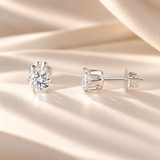 Front and side views of 1 CTW moissanite stud earrings showing six-prong S925 sterling silver basket settings and posts.