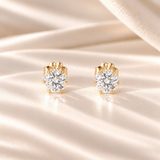 Front view of 1 CTW round moissanite stud earrings in six-prong 14/20 gold-filled settings.