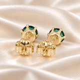 Back view of 5mm lab emerald stud earrings showing six-prong gold-filled settings, posts and butterfly backs.